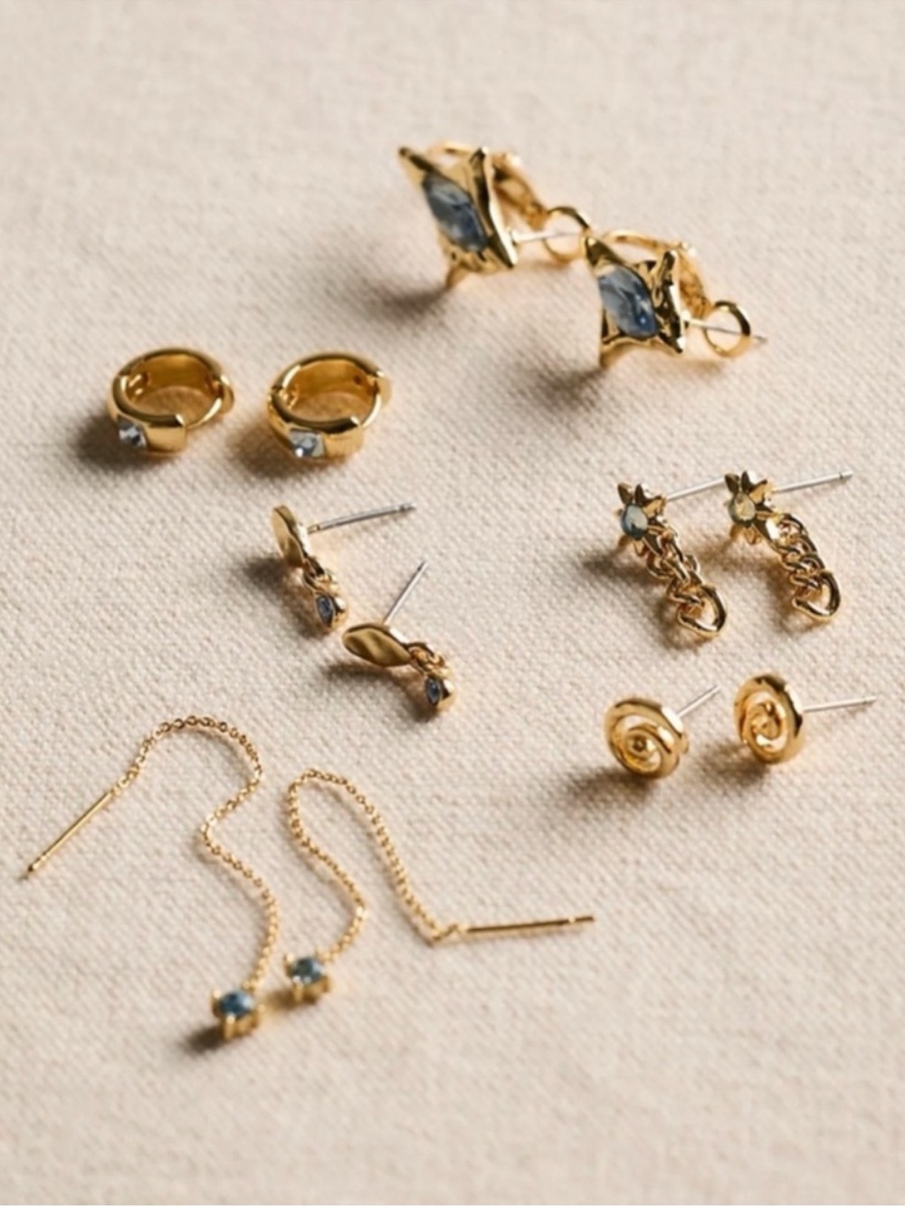 Free People Baez 14K Gold Plated Earrings Set 6 Pairs Aquamarine Blue NEW NWT